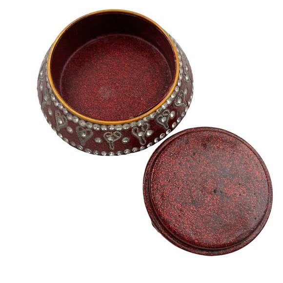 Trinket Round Jewelry Box Maroon Gold Tones Rhinestone Jeweled - Picture 9 of 9